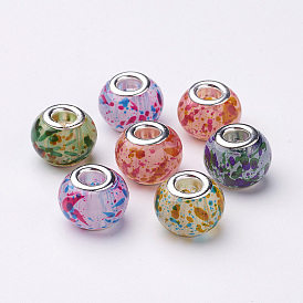 Spray Painted Glass European Beads, with Silver Color Plated Brass Cores, Large Hole Beads, Rondelle, 15x12mm, Hole: 5mm