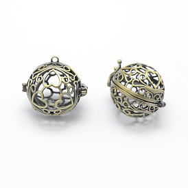 Brass Rack Plating Cage Pendants, For Chime Ball Pendant Necklaces Making, Lead Free & Cadmium Free, Round with Heart