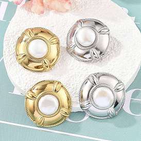 304 из нержавеющей стали серьги, с бисером пресноводного жемчуга, плоско-круглые, ионное покрытие (ip)