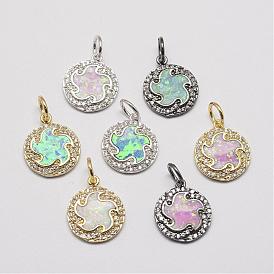 Brass Cubic Zirconia Charms, with Synthetic Opal, Flat Round, Cadmium Free & Lead Free