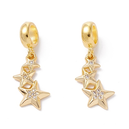 Brass Cubic Zirconia European Dangle Charms, Largr Hole Pendants, Long-Lasting Plated, Real 18K Gold Plated, Star