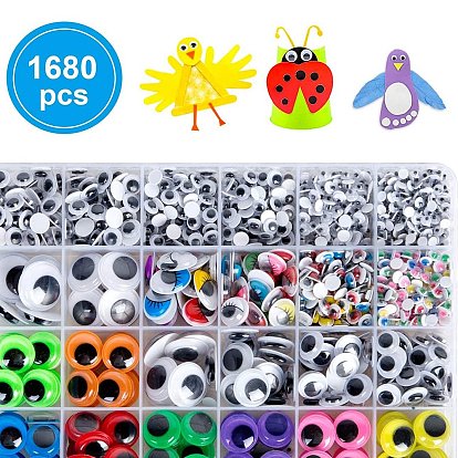 1680Pcs Flat Round Plastic Wiggle Googly Eyes Buttons DIY Scrapbooking Crafts Toy Accessories with Label Paster on Back