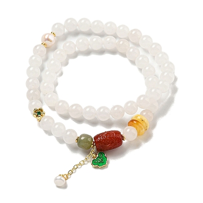 Round Natural White Jade Beaded Wrap Bracelets, Natural Pearl & Hetian Jade Barrel Bracelets for Women, Real 14K Gold Plated