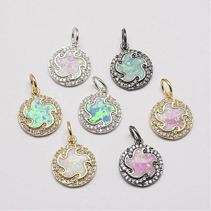 Brass Cubic Zirconia Charms, with Synthetic Opal, Flat Round, Cadmium Free & Lead Free