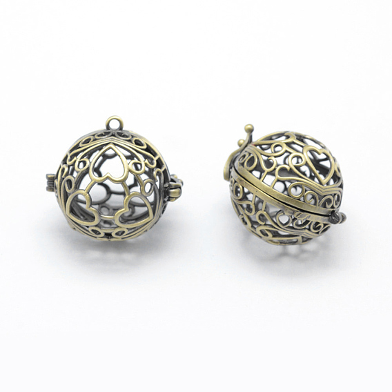 Brass Rack Plating Cage Pendants, For Chime Ball Pendant Necklaces Making, Lead Free & Cadmium Free, Round with Heart