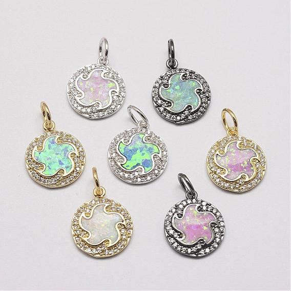 Brass Cubic Zirconia Charms, with Synthetic Opal, Flat Round, Cadmium Free & Lead Free