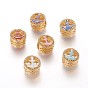 Brass Micro Pave Cubic Zirconia European Beads, Large Hole Beads, with Enamel and Freshwater Shell, Flat Round with Anchor, Golden