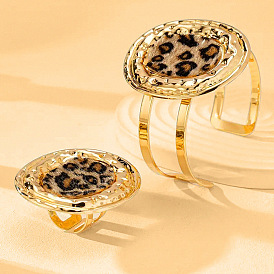 Овальные браслеты-манжеты из сплава и искусственной кожи с леопардовым принтом и комплекты колец-манжет