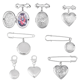 7 pièces 316 broches pendentif médaillon en acier inoxydable, broches en fer avec épingles de sûreté en laiton, avec alliage de zinc homard fermoirs pince, coeur & plat rond & ovale