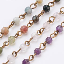Handmade Gemstone Beaded Chains, Unwelded, with Iron Eye Pin