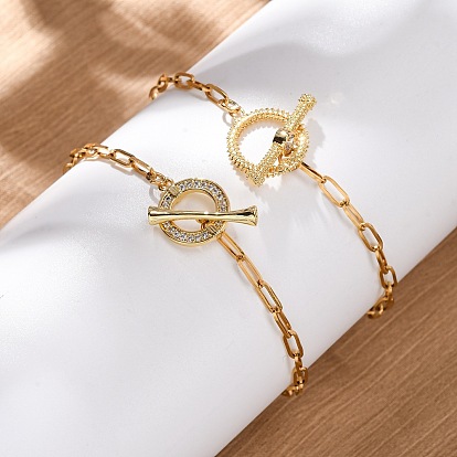 304 из нержавеющей стали плоские круглые браслеты ссылка, браслеты-цепочки со скрепками для женщин, с кубического циркония