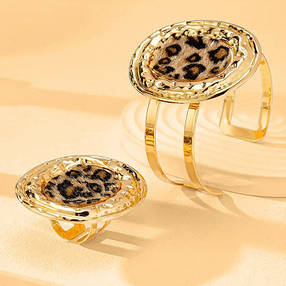 Овальные браслеты-манжеты из сплава и искусственной кожи с леопардовым принтом и комплекты колец-манжет