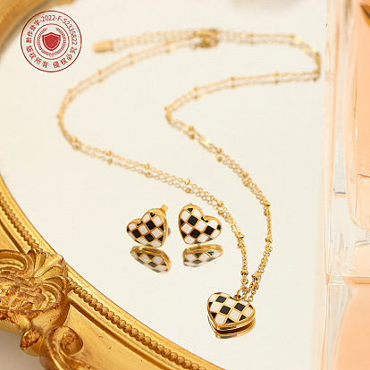 Heart-shaped Chessboard Pendant Necklace Set for Women in Titanium Steel Jewelry