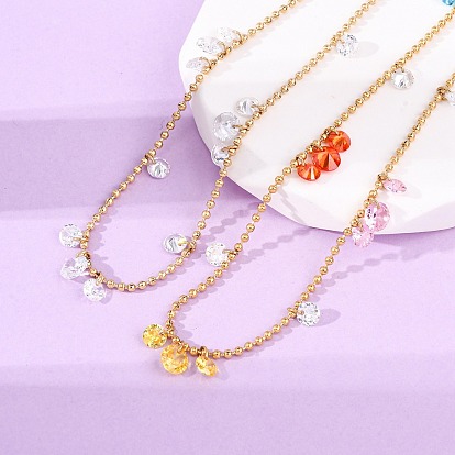 304 ожерелья из нержавеющей стали с шариковой цепочкой, разноцветными кубическими цирконами, плоскими круглыми кисточками для женщин, золотые