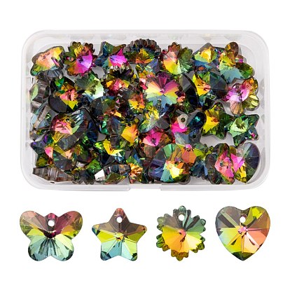 40Pcs 4 Style Electroplated Glass Pendants, Silver Plated Bottom, Faceted, Snowflake & Heart & Butterfly & Star