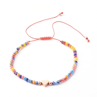 Adjustable Nylon Thread Braided Bead Bracelets, with AB Color Plated Glass Beads, Brass Bead, Heart