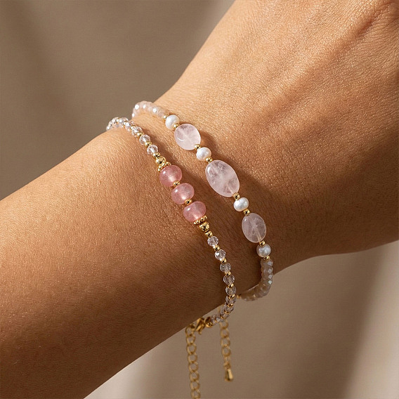 Bracelets en perles de quartz rose naturel, de verre, de perles d'imitation et de laiton pour femmes, rondelle et ovale