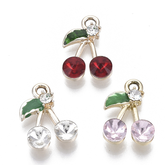 Alloy Rhinestone Pendants, with Enamel, Light Gold, Cherry