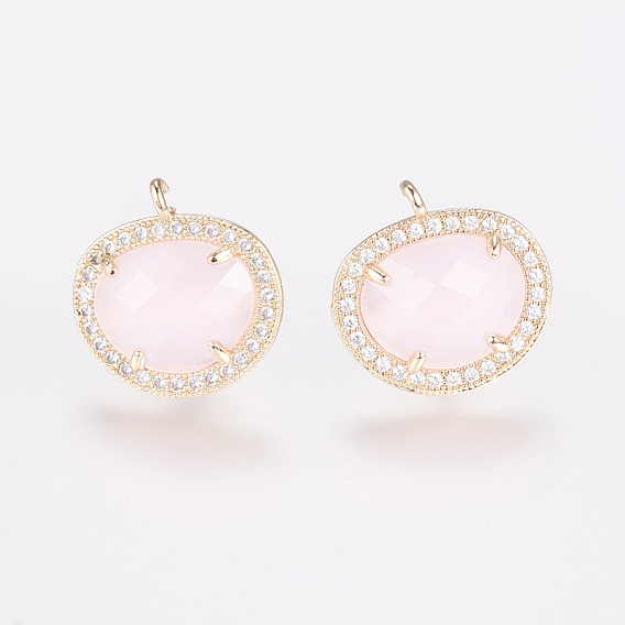 Brass Micro Pave Cubic Zirconia Stud Earring Findings, with Loop, Glass, Imitation Jade, Oval, Golden