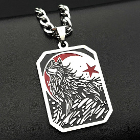 304 Stainless Steel Enamel Black Wolf Dog Tag Pendant Necklaces for Men