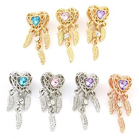 Rack Plating Alloy Pave Rhinestone Heart with Feather European Dangle Charms, Large Hole Pendants, Cadmium Free & Nickel Free & Lead Free