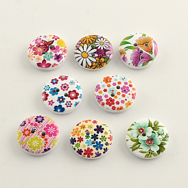 2 motif de fleur -hole imprimé boutons en bois, plat rond, couleur mixte, 20x4~5mm, trou: 2 mm, environ 1200~1300 pcs / 1000 g