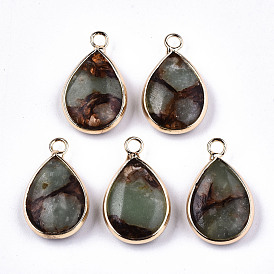 Teardrop Assembled Synthetic Bronzite and Aqua Terra Jasper Pendants, with Iron Loop and Brass Edge, Light Gold