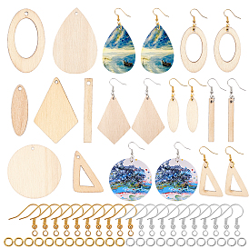 Olycraft DIY Unfinished Wood Earring Makings Kits, Including Mixed Shapes Pendants, Brass Earring Hooks and Jump Rings