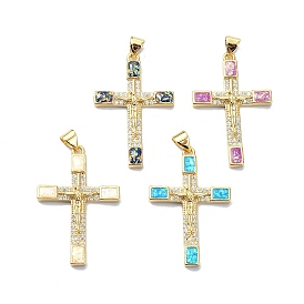 Religion Theme Brass Micro Pave Clear Cubic Zirconia Pendants, with Sythetic Opal, Cross