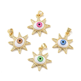 Brass Micro Pave Cubic Zirconia Pendants, with Acrylic, Cadmium Free & Lead Free, Long-Lasting Plated, Real 18K Gold Plated, Sun with Evil Eye