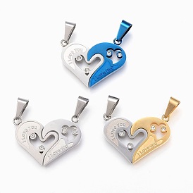 304 Stainless Steel Rhinestone Split Pendants, Heart with Word I Love You, For Valentine's Day