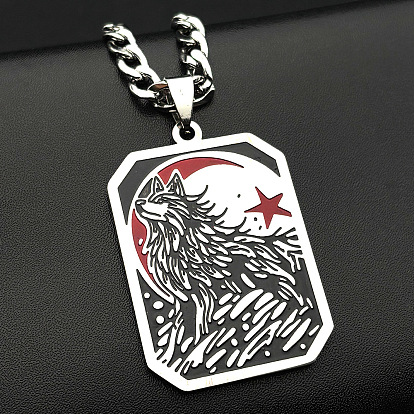 304 Stainless Steel Enamel Black Wolf Dog Tag Pendant Necklaces for Men