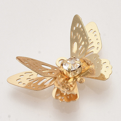 Brass Filigree Pendants, with Crystal Rhinestone, 3D Butterfly