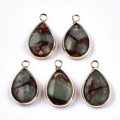 Teardrop Assembled Synthetic Bronzite and Aqua Terra Jasper Pendants, with Iron Loop and Brass Edge, Light Gold