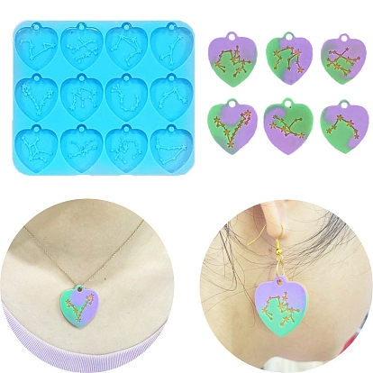 Heart with Twelve Constellations Silicone Pendant Molds, Resin Casting Molds, for UV Resin, Epoxy Resin Craft Making