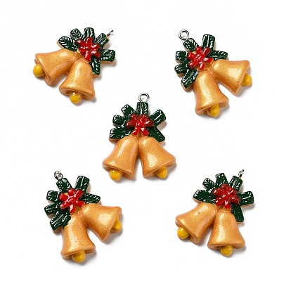 Opaque Resin Pendants, with Platinum Tone Iron Loops, Christmas Bell