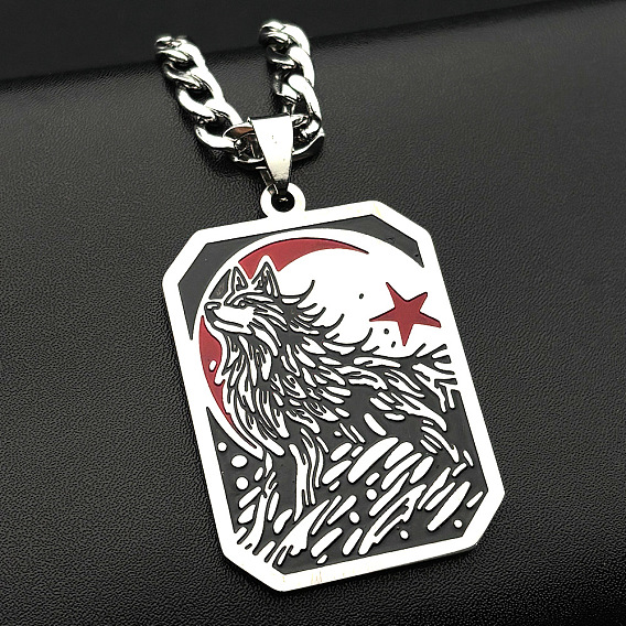 304 Stainless Steel Enamel Black Wolf Dog Tag Pendant Necklaces for Men