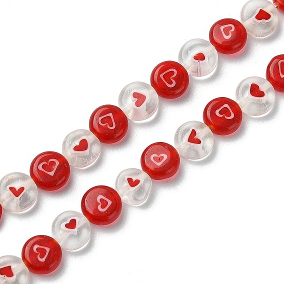 2 Strands Handmade Lampwork Beads Strands, Flat Round with Heart