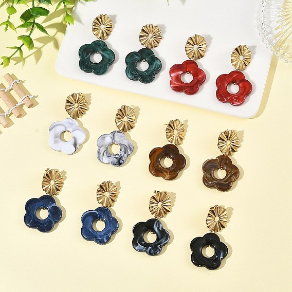 Acrylic & 304 Stainless Steel Stud Dangle Earrings, Flower