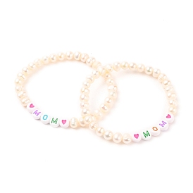 Mother's Day Gifts, Stretch Bracelets, with Natural Pearl Beads and Acrylic Beads, Word Mom