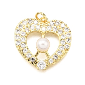 Латунные микро проложить кубического циркония подвески, сердце, с ABS имитации жемчуга, стойки покрытие, долговечный, без свинца и без кадмия, с целью перехода в кольце