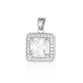 Brass Micro Pave Clear Cubic Zirconia Pendants, Square Charms
