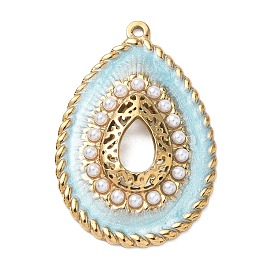 304 Stainless Steel Enamel Pendants, Teardrop Charms, with ABS Plastic Imitation Pearl, Ion Plating(IP), Golden