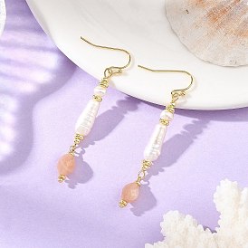 304 Stainless Steel with Natural Mixed Pearl Beads Strands Dangle Earrings, Nuggets, Natural Sunstone Beads Strands Dangle Earrings, Golden