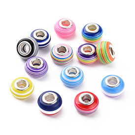 Смола европейские бусины в полоску, бусины с большим отверстием, с латунными сердечниками с серебряным покрытием, рондель