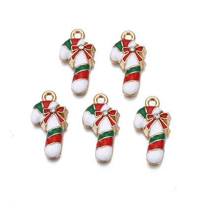 Rack Plating Alloy Enamel Pendants, with Crystal Rhinestone, Cadmium Free & Nickel Free & Lead Free, Light Gold, Christmas Candy Cane