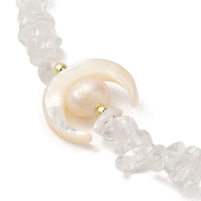Crescent Mooon Natural Quartz Crystal & Shell & Pearl Beaded Bracelets, with Brass Clasps