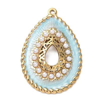 304 Stainless Steel Enamel Pendants, Teardrop Charms, with ABS Plastic Imitation Pearl, Ion Plating(IP), Golden