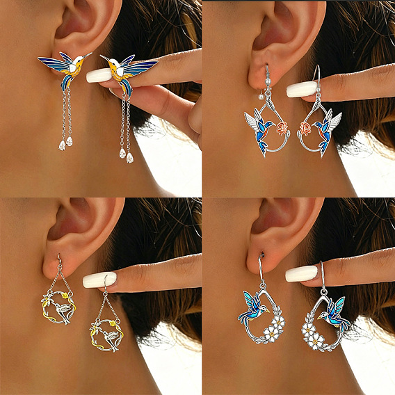 Alloy Enamel Bird Dangle Earrings for Women, Platinum