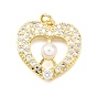 Латунные микро проложить кубического циркония подвески, сердце, с ABS имитации жемчуга, стойки покрытие, долговечный, без свинца и без кадмия, с целью перехода в кольце